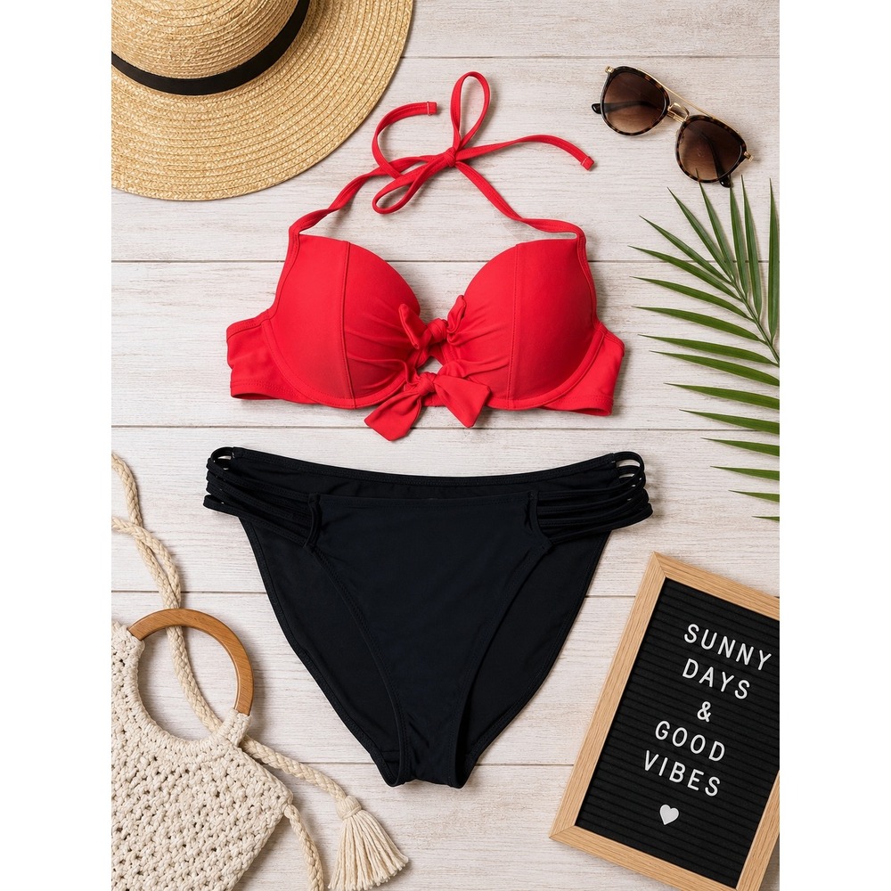 Aerie‎ Red Push Up Bow Bikini Top 34C and Black Caged Side Bottoms Medium Set